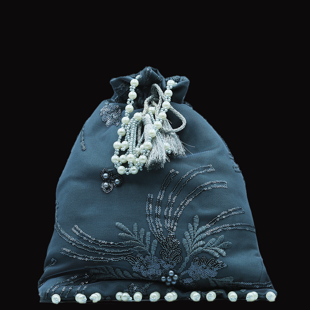Handmade Potli Bag - Grey Pearls
