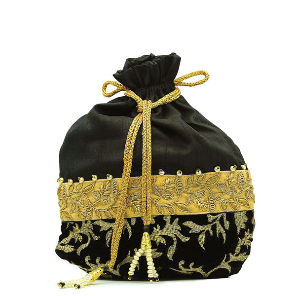 Handmade Potli Bag - Black Gold Leaf