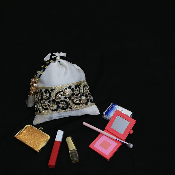 Handmade Potli Bag - Black on pearl