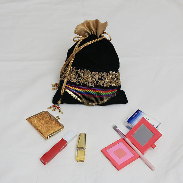 Handmade Potli Bag - Black Gold Rainbow