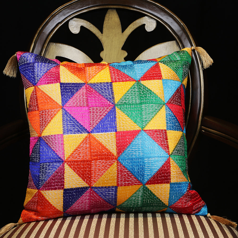 Handmade embroidered decorative throw pillow cushion & covers for home. In silk, cotton, polyester & canvas. Bring your home interior decoration ideas to life. Phulkari embroidery.