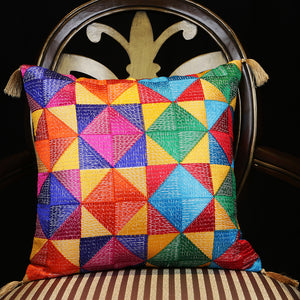 Handmade embroidered decorative throw pillow cushion & covers for home. In silk, cotton, polyester & canvas. Bring your home interior decoration ideas to life. Phulkari embroidery.