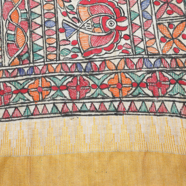 Madhubani Handpainted Ladies Cotton Shawl / Scarf / Dupatta - Mustard Border