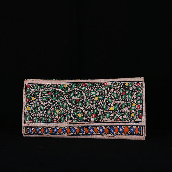 Handpainted Madhubani Ladies Clutch / Purse - Orange Blue