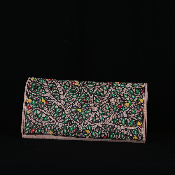 Handpainted Madhubani Ladies Clutch / Purse - Orange Blue