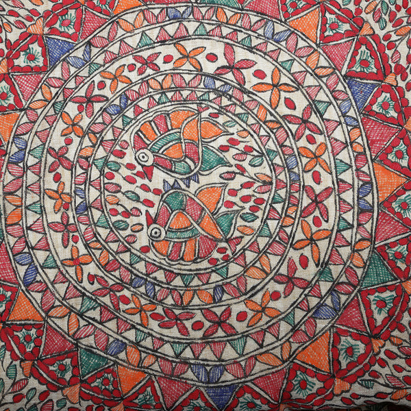 Madhubani Handpainted Ladies Cotton Shawl / Scarf / Dupatta - Mustard Border
