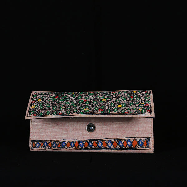 Handpainted Madhubani Ladies Clutch / Purse - Orange Blue
