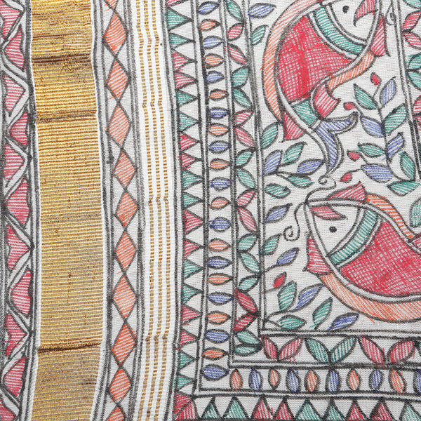 Madhubani Handpainted Ladies Cotton Shawl / Scarf / Dupatta - Border