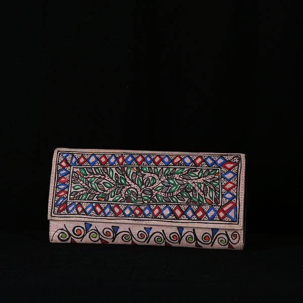 Handpainted Madhubani Ladies Clutch / Purse - Red Green Swirls