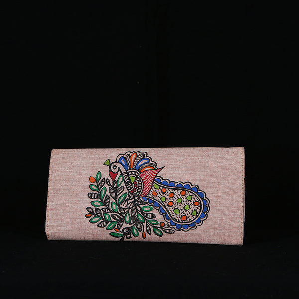 Handpainted Madhubani Ladies Clutch / Purse - Red Green Swirls