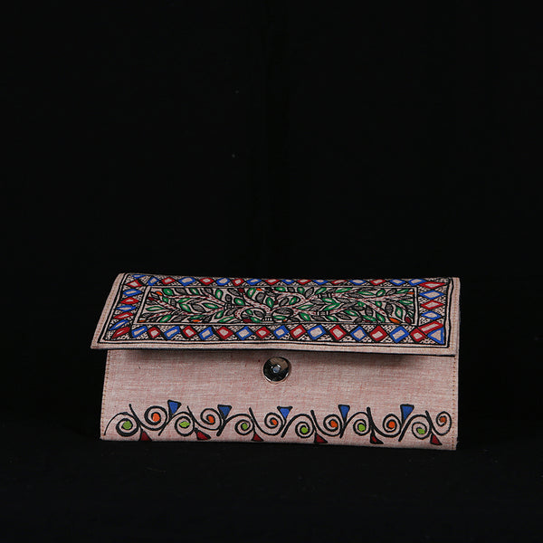 Handpainted Madhubani Ladies Clutch / Purse - Red Green Swirls