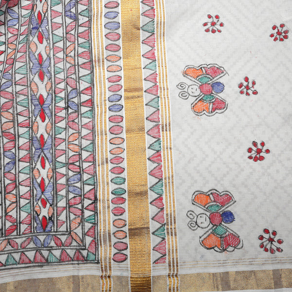 Madhubani Handpainted Ladies Cotton Shawl / Scarf / Dupatta - Circles