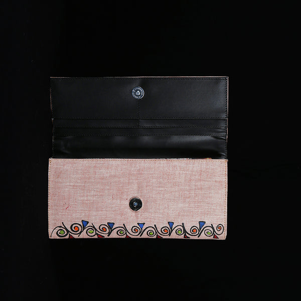 Handpainted Madhubani Ladies Clutch / Purse - Red Green Swirls