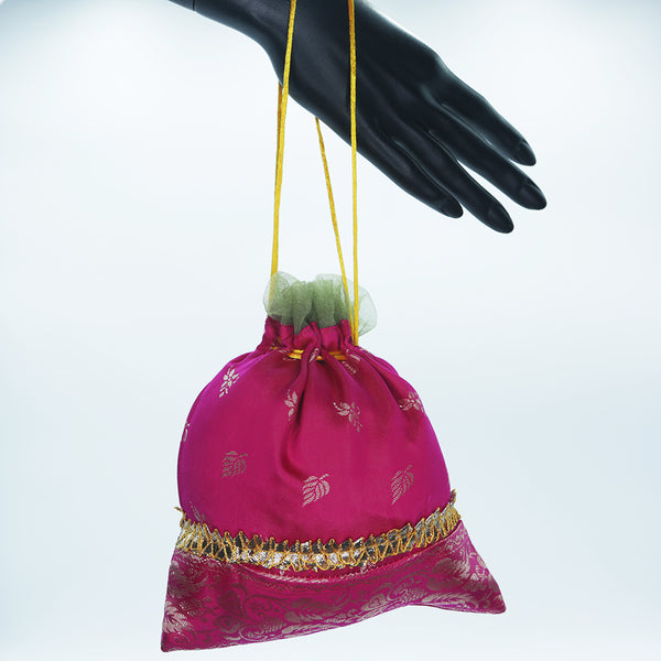 Handmade Women's Potli Handbag / Purse - Pink Brocade