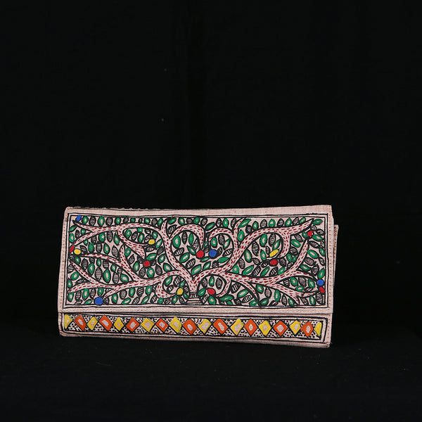 Handpainted Madhubani Ladies Clutch / Purse - Yellow Orange Squares