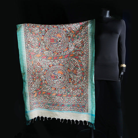 Madhubani Handpainted Ladies Cotton Shawl / Scarf / Dupatta - Tails