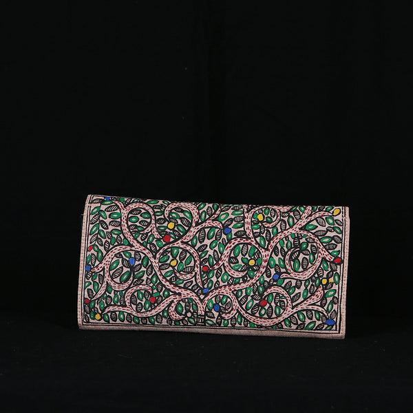 Handpainted Madhubani Ladies Clutch / Purse - Yellow Orange Squares
