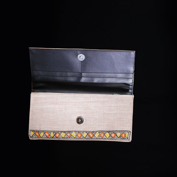 Handpainted Madhubani Ladies Clutch / Purse - Yellow Orange Squares