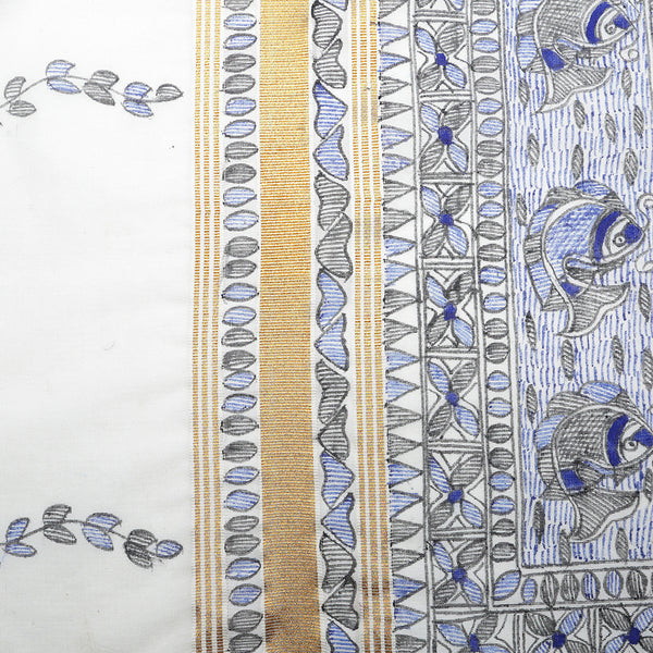 Madhubani Handpainted Ladies Cotton Shawl / Scarf / Dupatta - Royal Blue