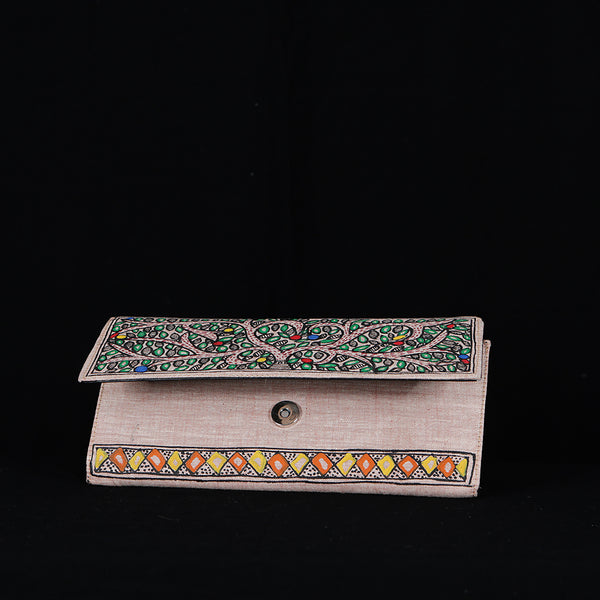 Handpainted Madhubani Ladies Clutch / Purse - Yellow Orange Squares