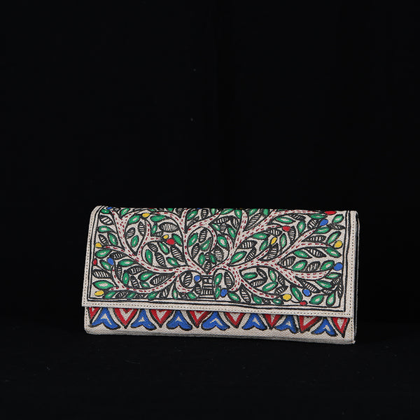 Handpainted Madhubani Ladies Clutch / Purse - Red Blue Hearts