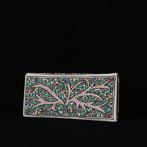 Handpainted Madhubani Ladies Clutch / Purse - Red Blue Hearts