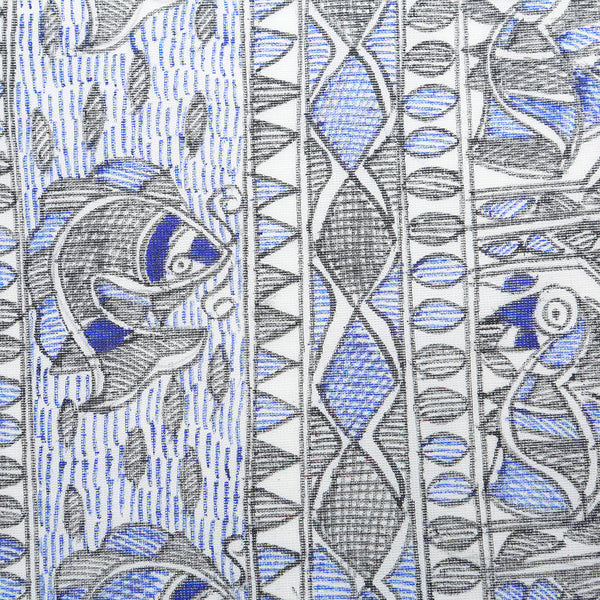 Madhubani Handpainted Ladies Cotton Shawl / Scarf / Dupatta - Royal Blue