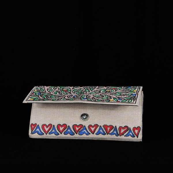 Handpainted Madhubani Ladies Clutch / Purse - Red Blue Hearts