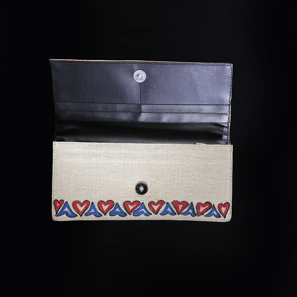 Handpainted Madhubani Ladies Clutch / Purse - Red Blue Hearts