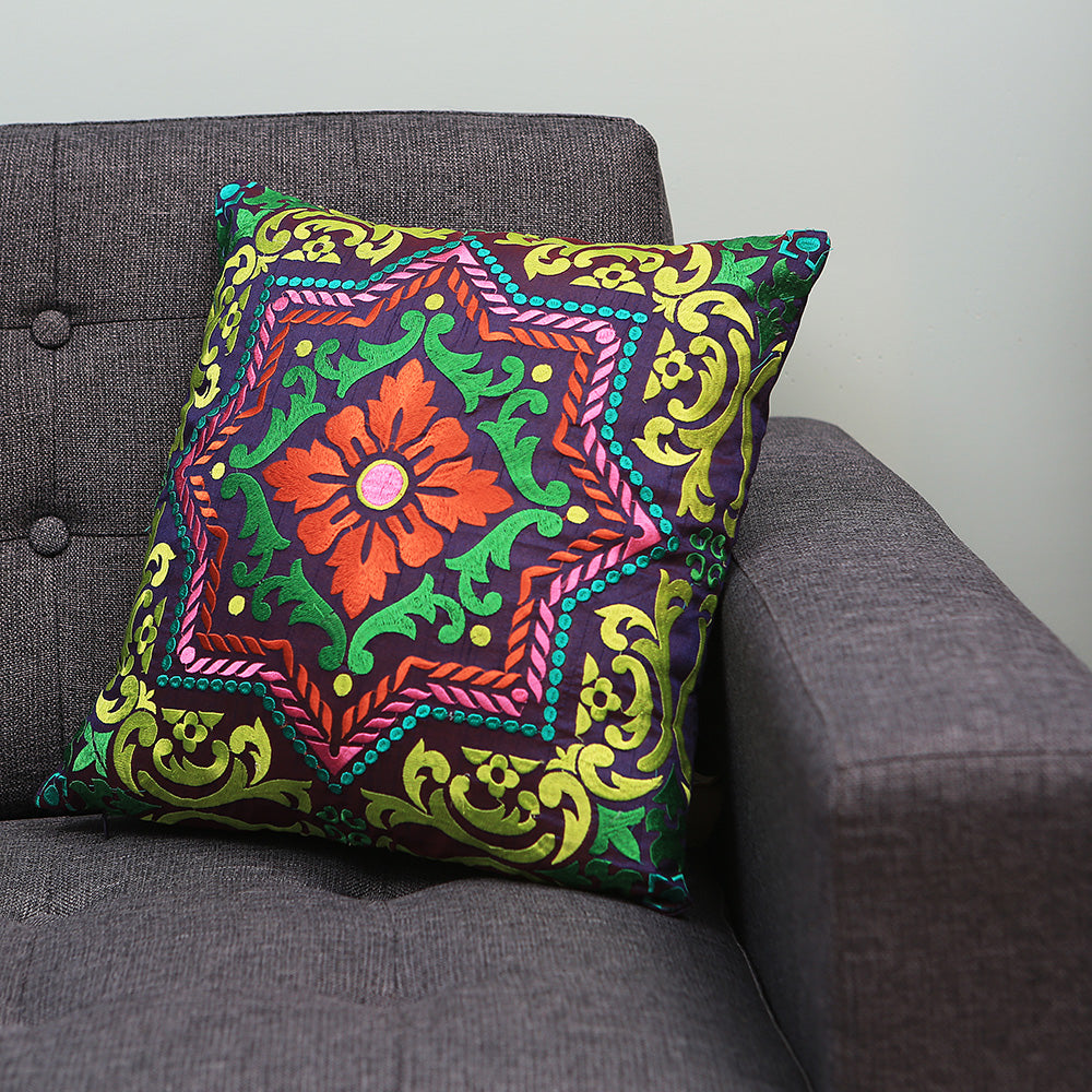 Embroidered Silk finish  Decorative Throw Pillow & Cushion Cover Pair 16 x 16 inches Rangoli