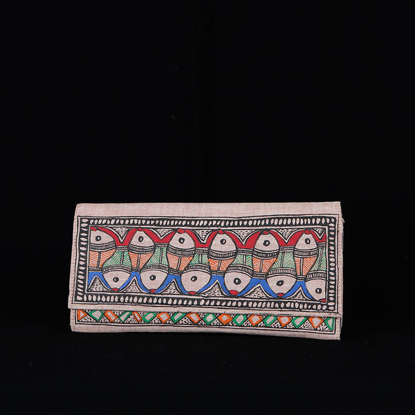 Handpainted Madhubani Ladies Clutch / Purse - Fish & Bird