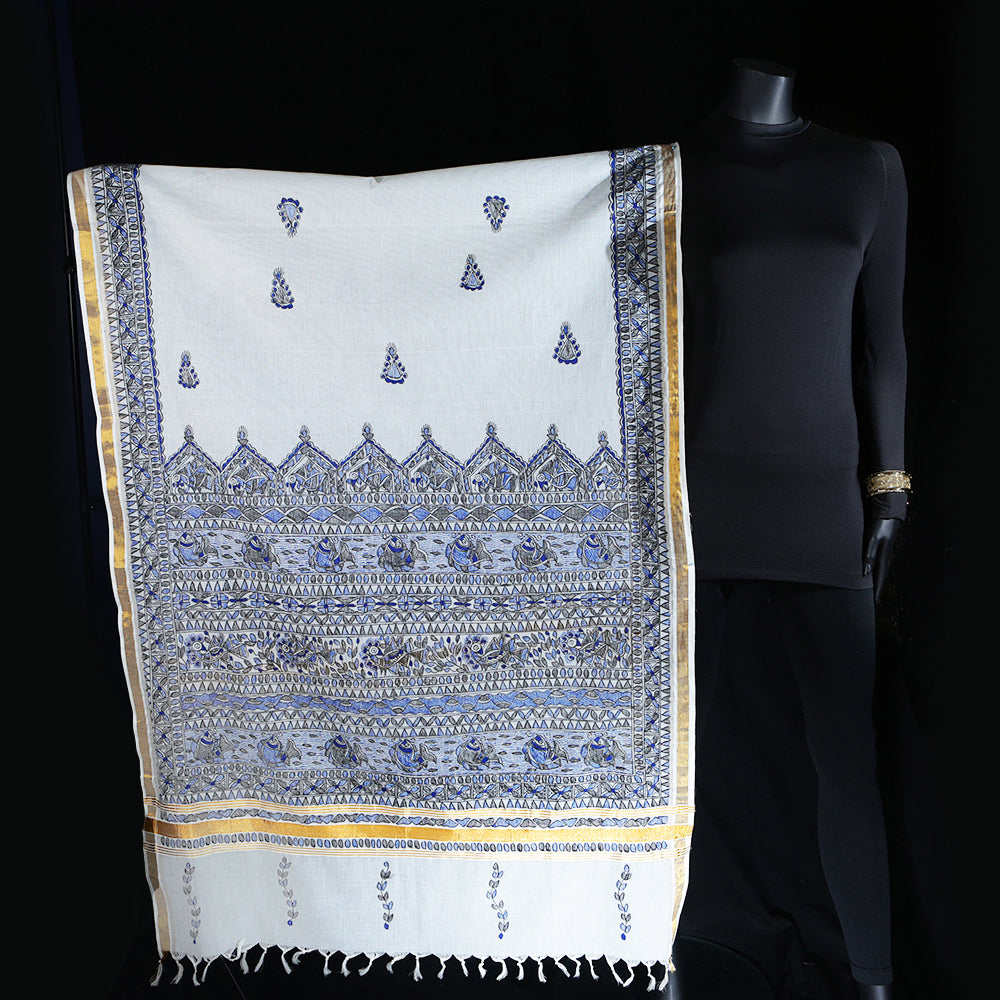 Madhubani Handpainted Ladies Cotton Shawl / Scarf / Dupatta - Royal Blue