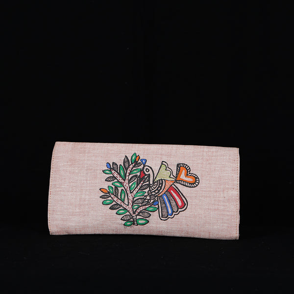 Handpainted Madhubani Ladies Clutch / Purse - Fish & Bird