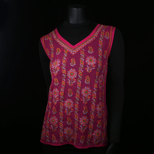 Hand embroidered Kurti Top - Chikan Embroidery - Sleeveless Pink