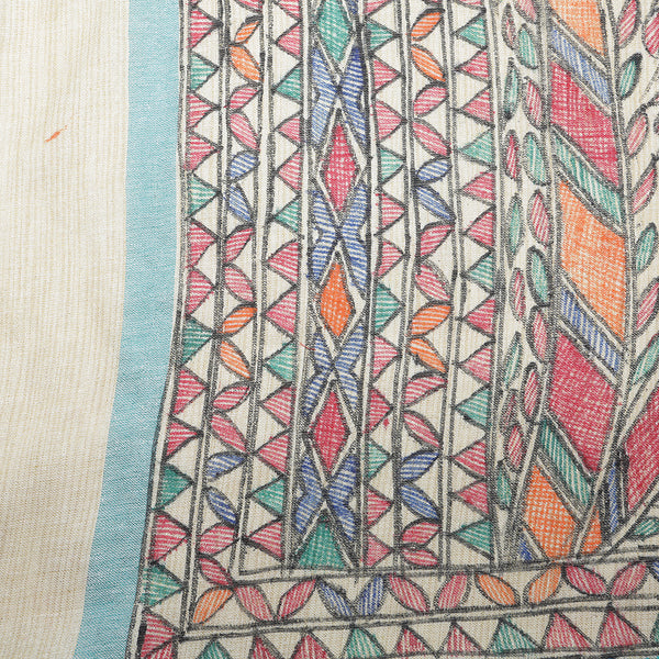 Madhubani Handpainted Ladies Cotton Shawl / Scarf / Dupatta - Turquoise