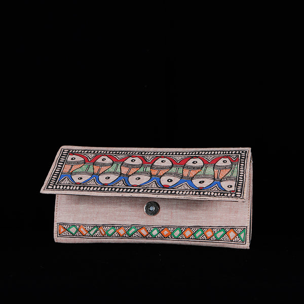 Handpainted Madhubani Ladies Clutch / Purse - Fish & Bird