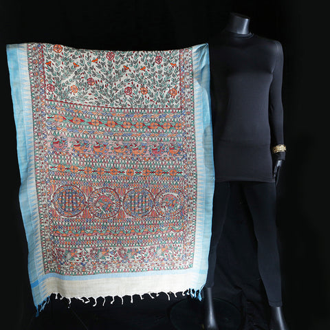 Madhubani Handpainted Ladies Cotton Shawl / Scarf / Dupatta - Turquoise