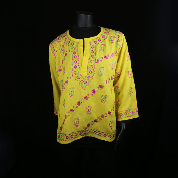 Hand embroidered Kurti Top - Chikan Embroidery - Sunshine