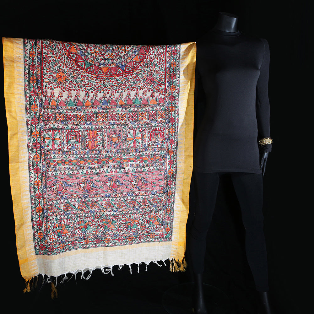 Madhubani Handpainted Ladies Cotton Shawl / Scarf / Dupatta - Mustard Border