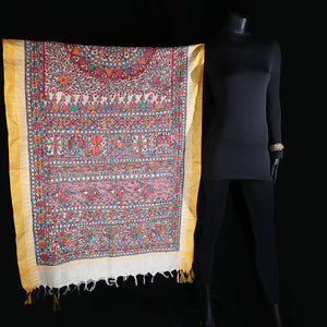 Madhubani Handpainted Ladies Cotton Shawl / Scarf / Dupatta - Mustard Border