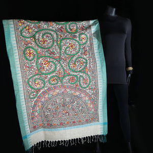 Madhubani Handpainted Ladies Cotton Shawl / Scarf / Dupatta - Green Jaal