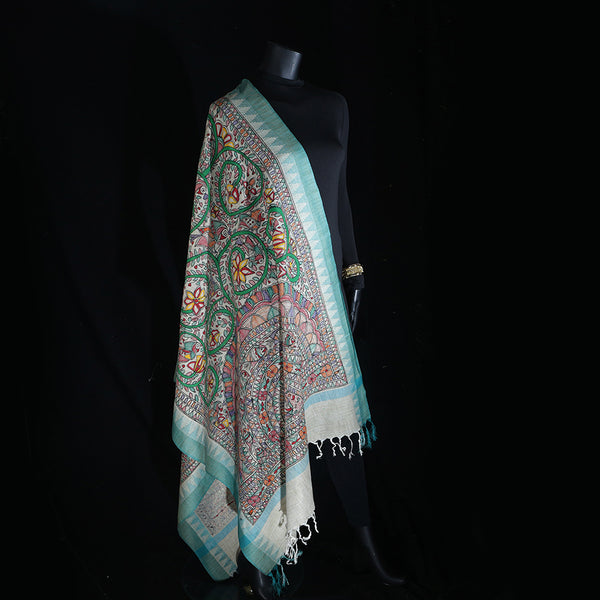 Madhubani Handpainted Ladies Cotton Shawl / Scarf / Dupatta - Green Jaal