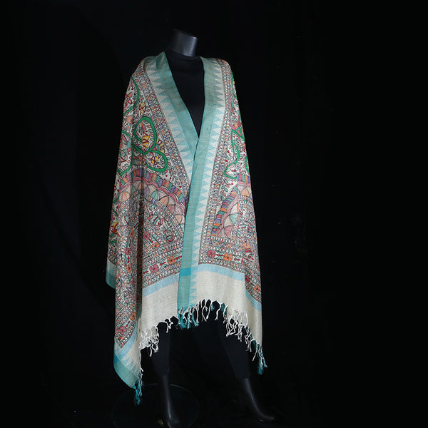 Madhubani Handpainted Ladies Cotton Shawl / Scarf / Dupatta - Green Jaal