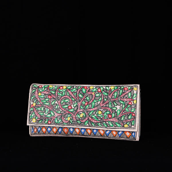 Handpainted Madhubani Ladies Clutch / Purse - Blue Square Forest