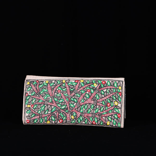 Handpainted Madhubani Ladies Clutch / Purse - Blue Square Forest