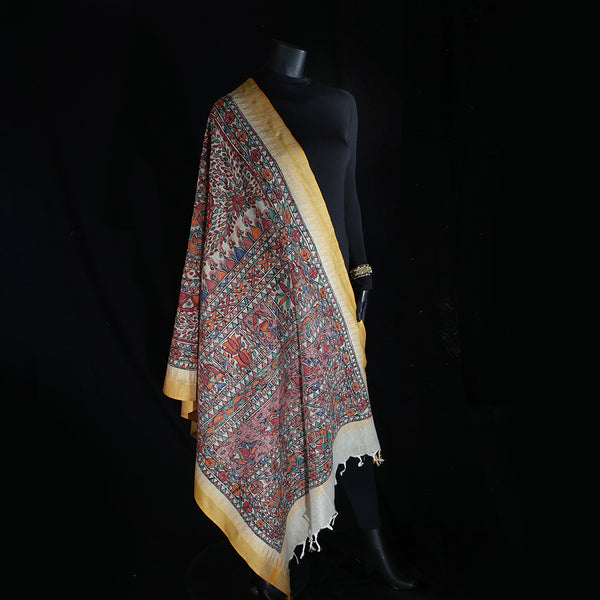 Madhubani Handpainted Ladies Cotton Shawl / Scarf / Dupatta - Mustard Border