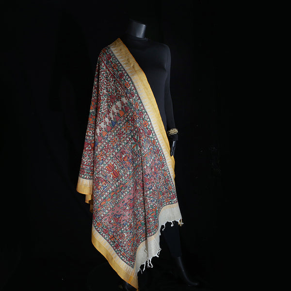 Madhubani Handpainted Ladies Cotton Shawl / Scarf / Dupatta - Mustard Border