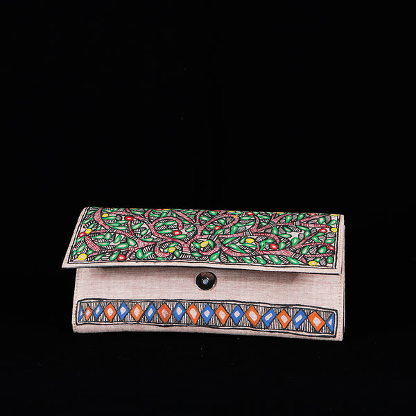 Handpainted Madhubani Ladies Clutch / Purse - Blue Square Forest