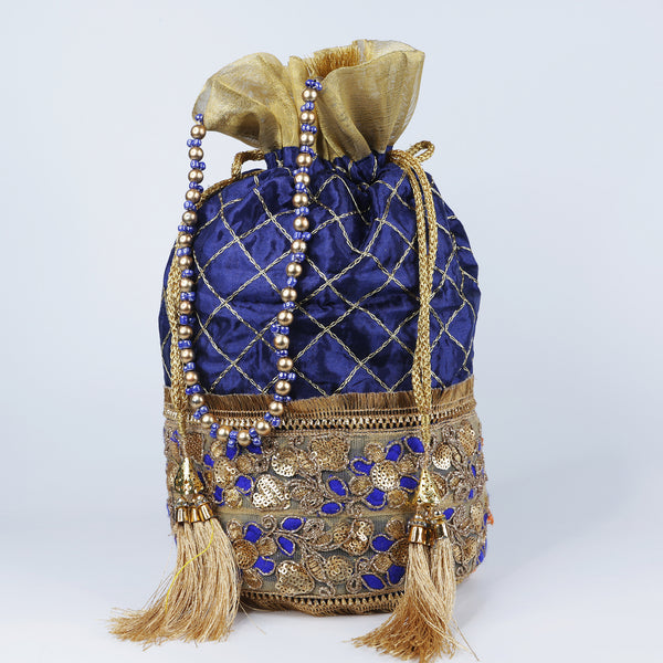 Handmade Women's Potli Handbag / Purse - Blue Squares
