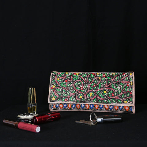 Handpainted Madhubani Ladies Clutch / Purse - Orange Blue